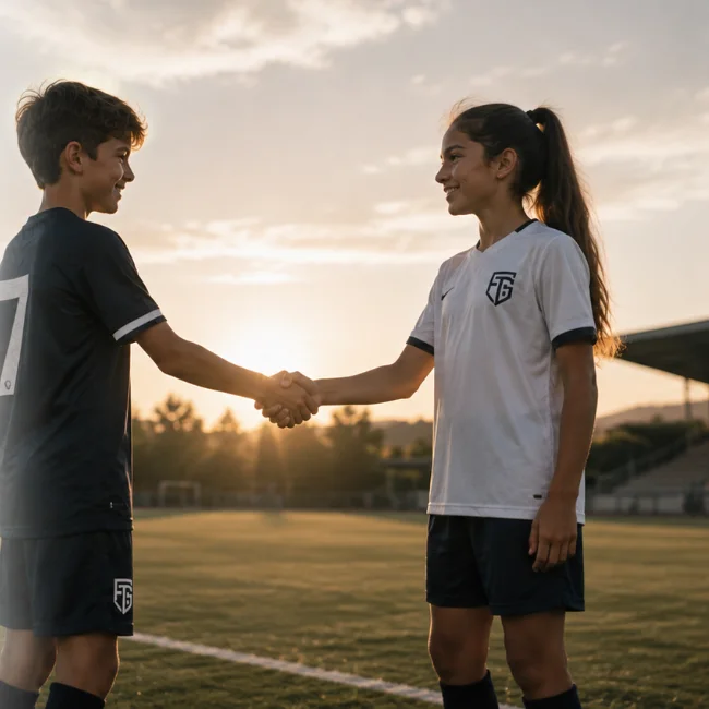 Dos jóvenes futbolistas estrechándose la mano