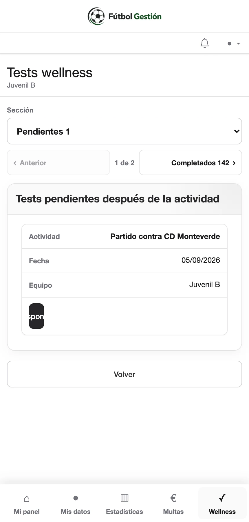 Cuestionario wellness del jugador en móvil